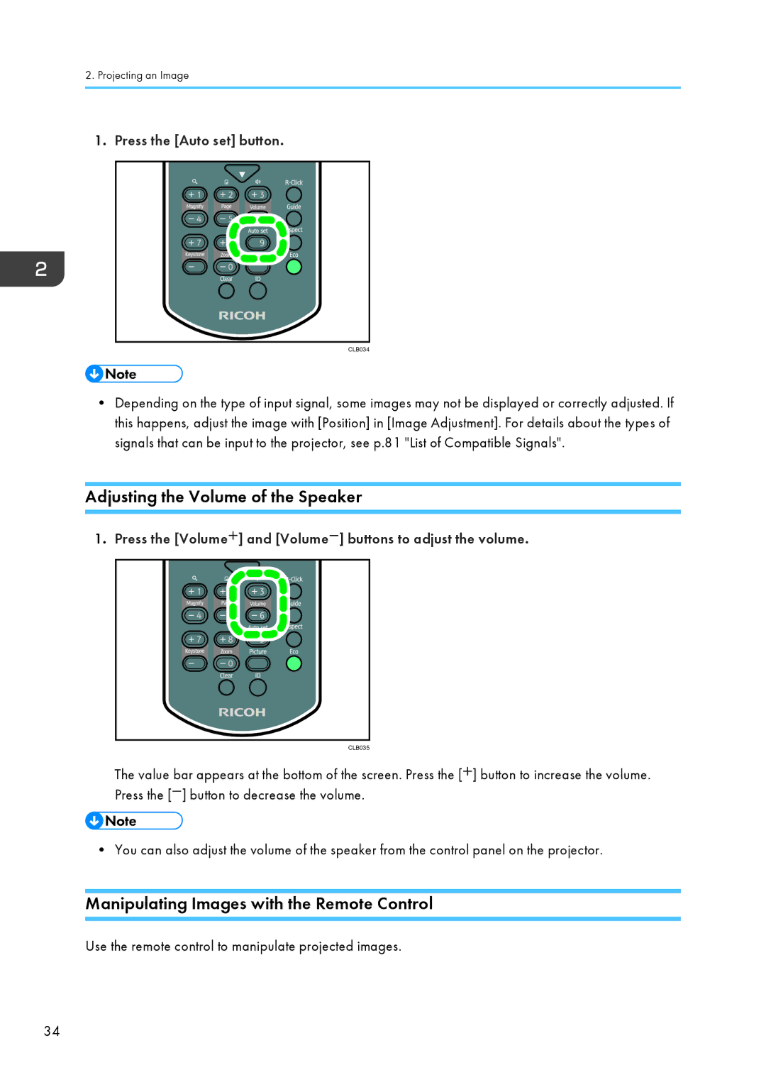 Ricoh PJ WX4130 operating instructions Adjusting the Volume of the Speaker, Manipulating Images with the Remote Control 