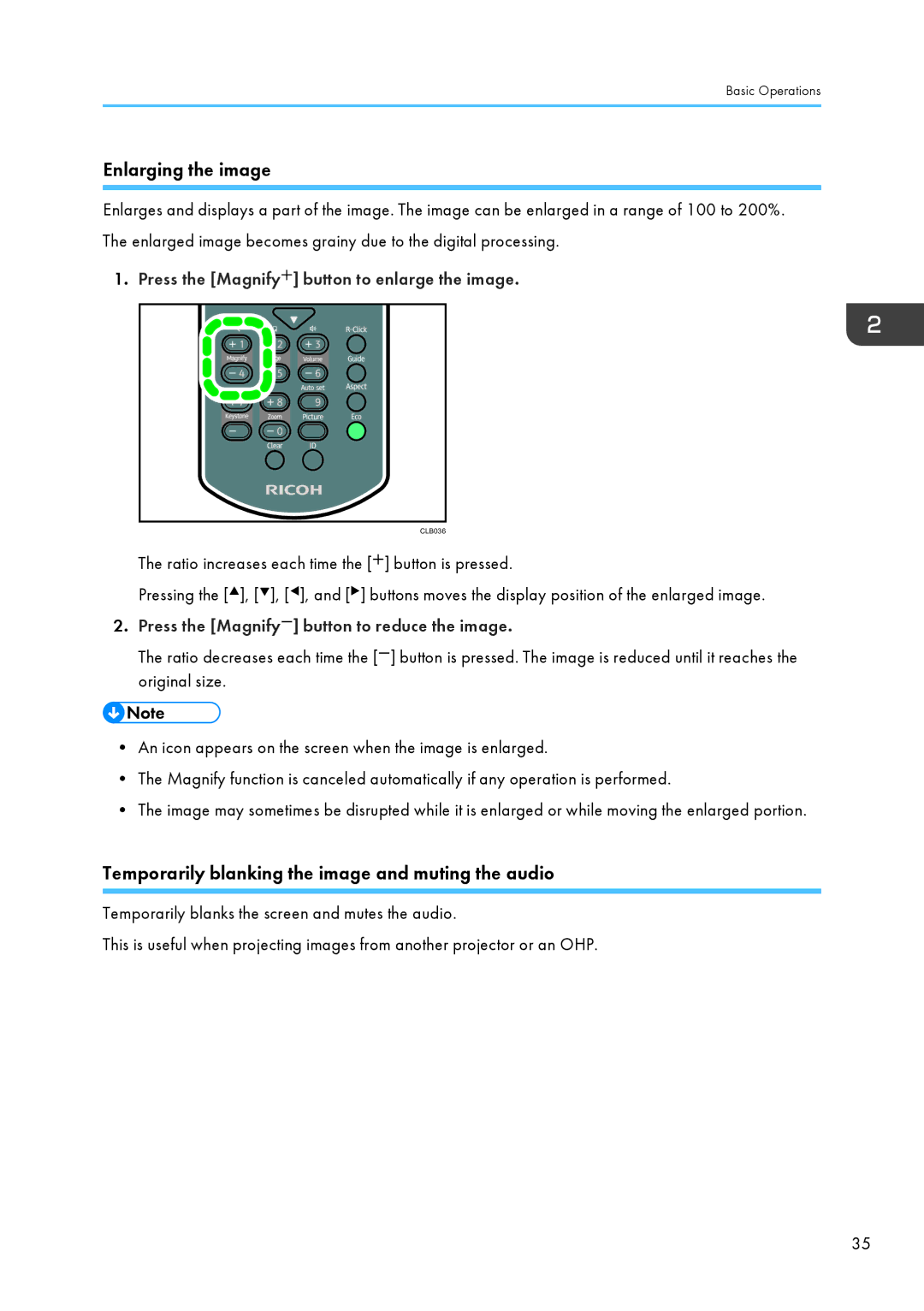 Ricoh PJ WX4130 Press the Magnify button to enlarge the image, Press the Magnify button to reduce the image 