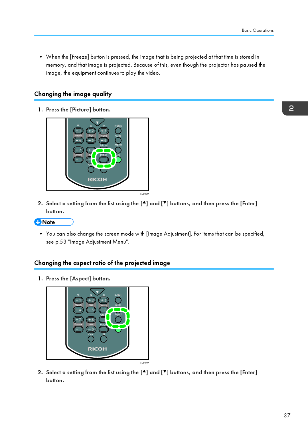 Ricoh PJ WX4130 operating instructions Press the Picture button, Press the Aspect button 