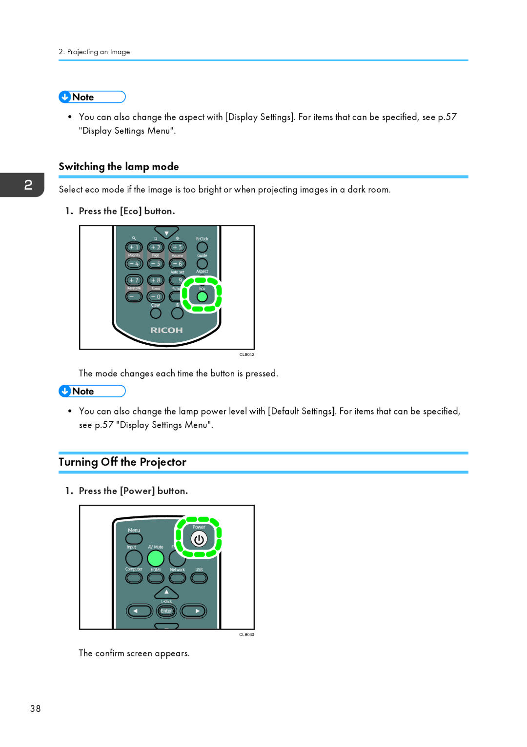 Ricoh PJ WX4130 operating instructions Turning Off the Projector, Press the Eco button 