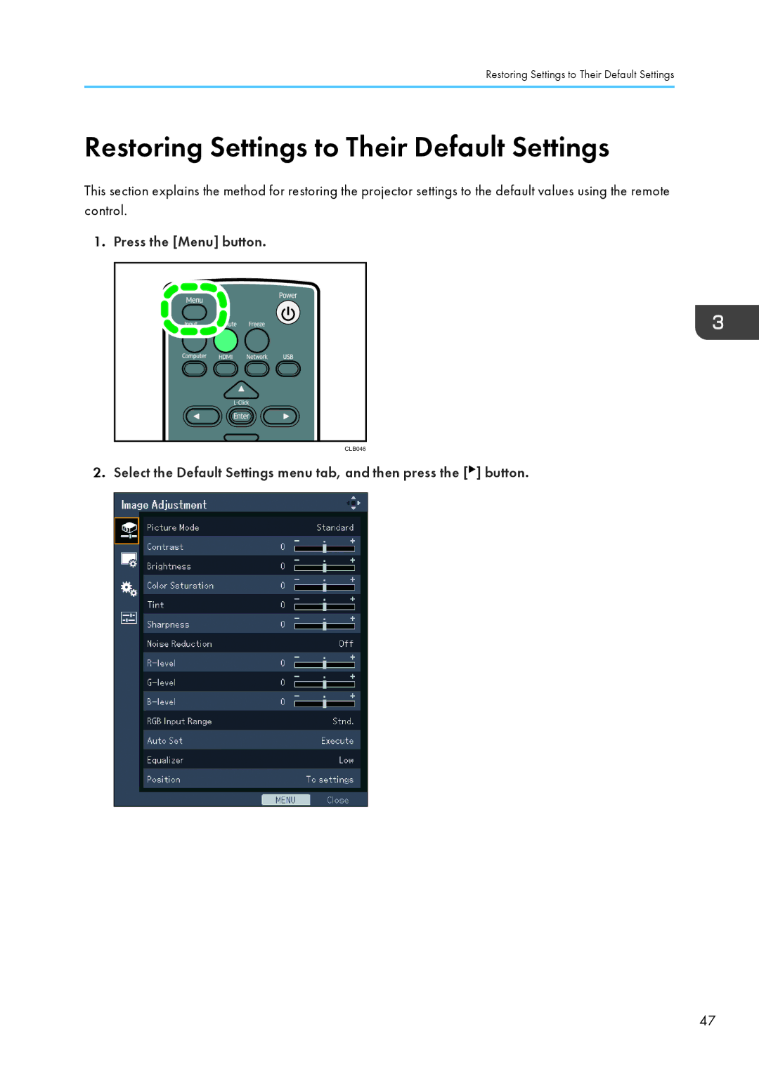 Ricoh PJ WX4130 operating instructions Restoring Settings to Their Default Settings, Press the Menu button 