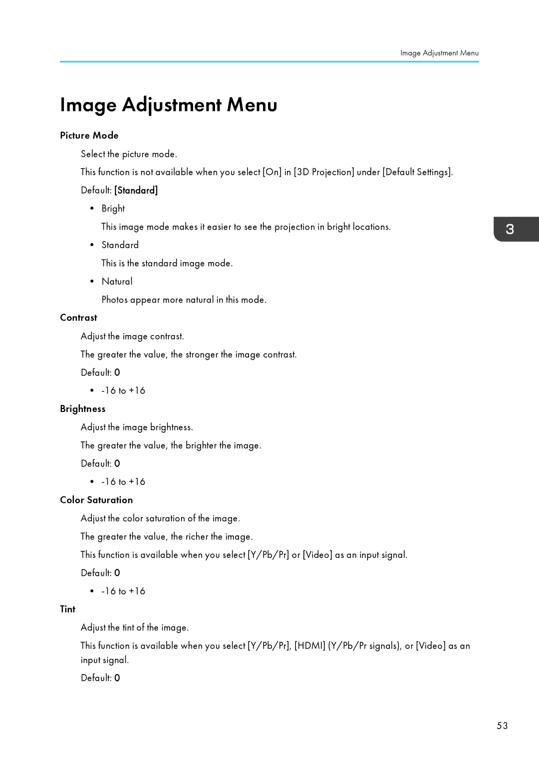 Ricoh PJ WX4130 operating instructions Image Adjustment Menu 