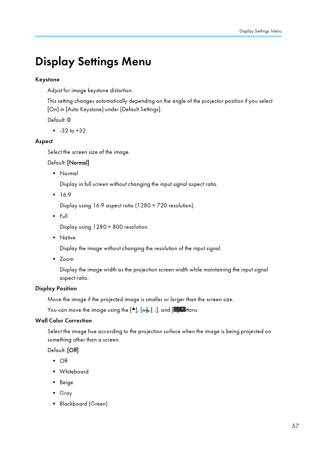 Ricoh PJ WX4130 operating instructions Display Settings Menu 