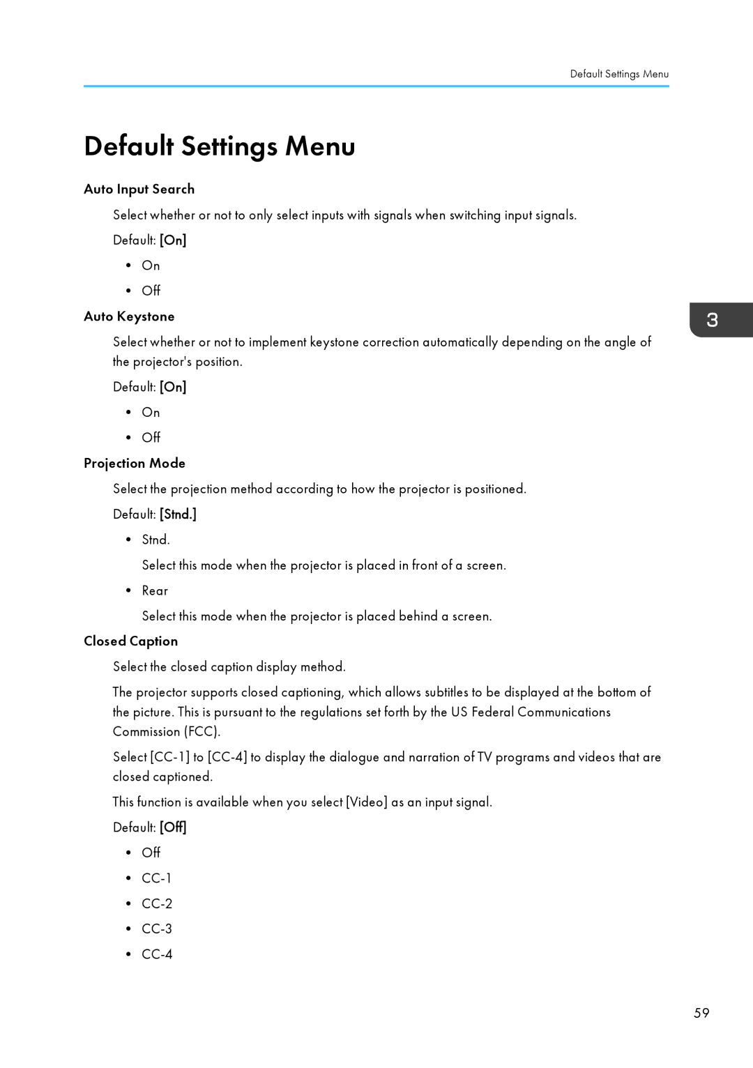 Ricoh PJ WX4130 operating instructions Default Settings Menu 