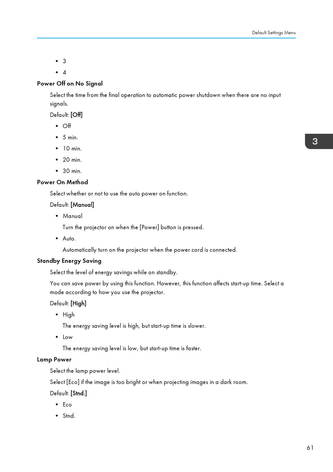 Ricoh PJ WX4130 operating instructions Default Settings Menu 