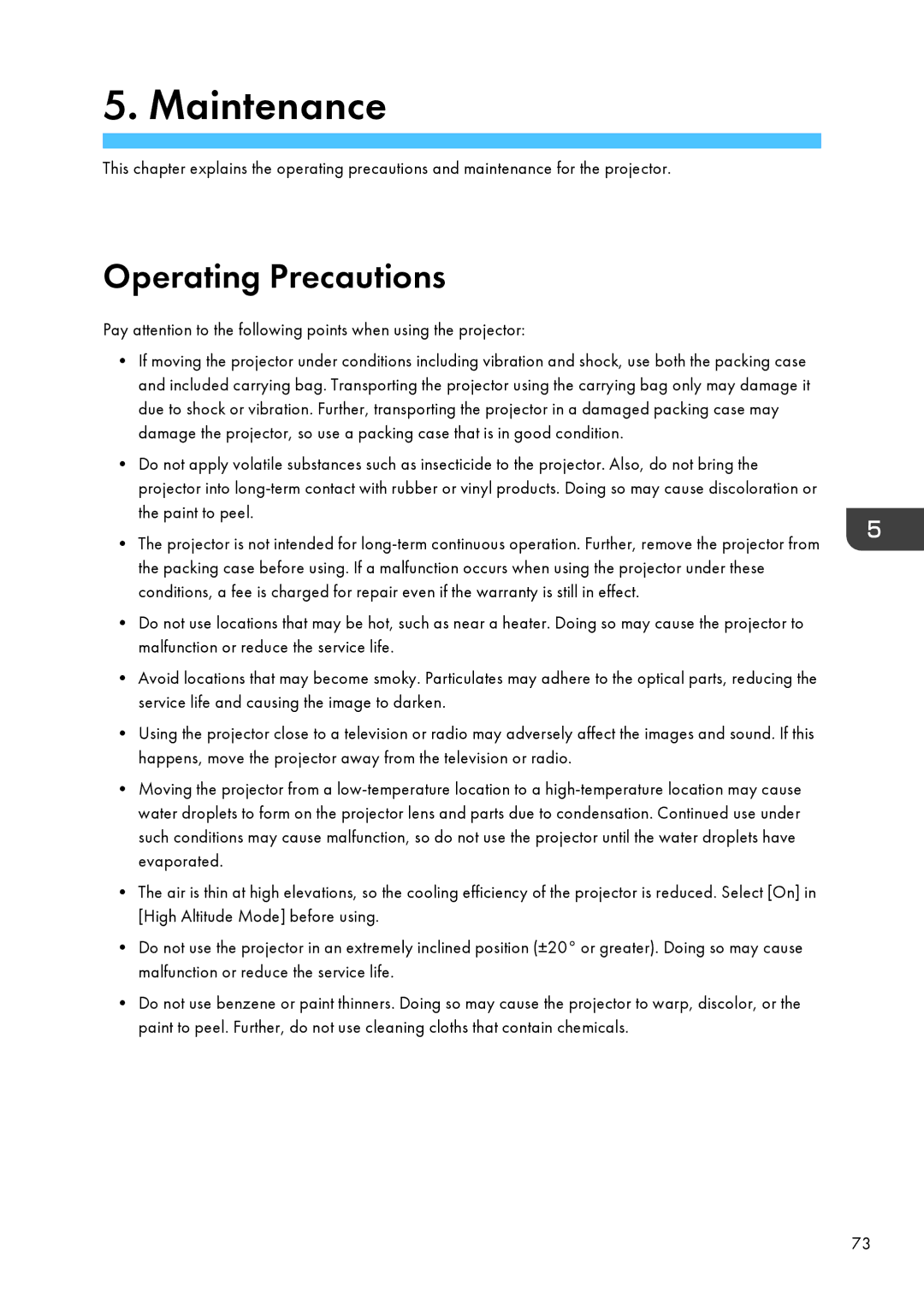 Ricoh PJ WX4130 operating instructions Maintenance, Operating Precautions 