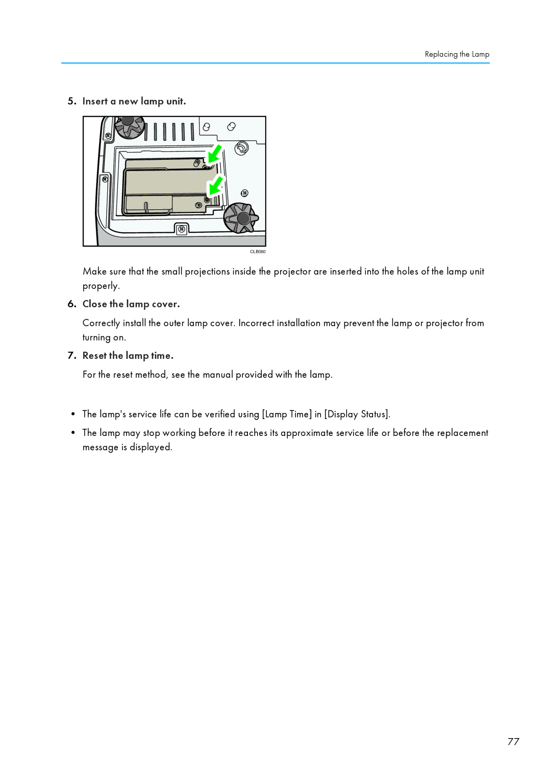 Ricoh PJ WX4130 operating instructions Insert a new lamp unit, Close the lamp cover, Reset the lamp time 