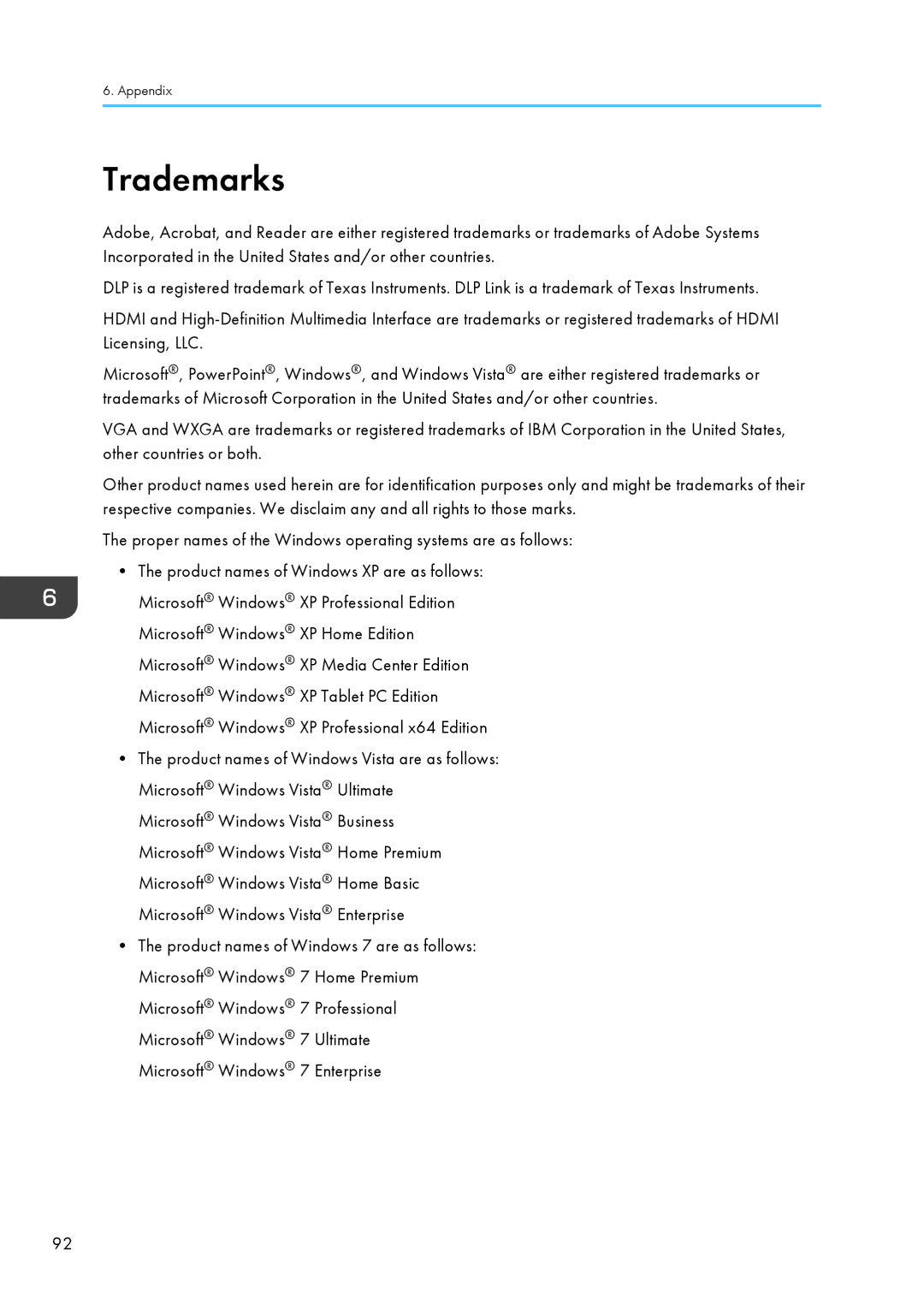 Ricoh PJ WX4130 operating instructions Trademarks 