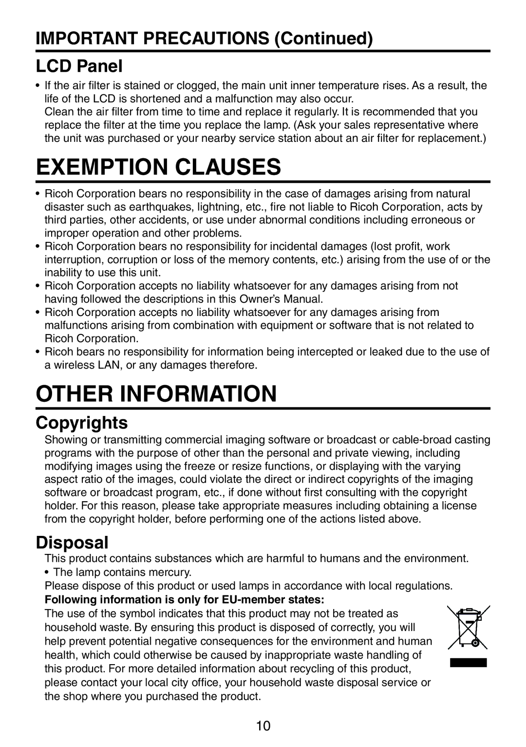 Ricoh PJ X3241N Important Precautions LCD Panel, Copyrights, Disposal, Following information is only for EU-member states 