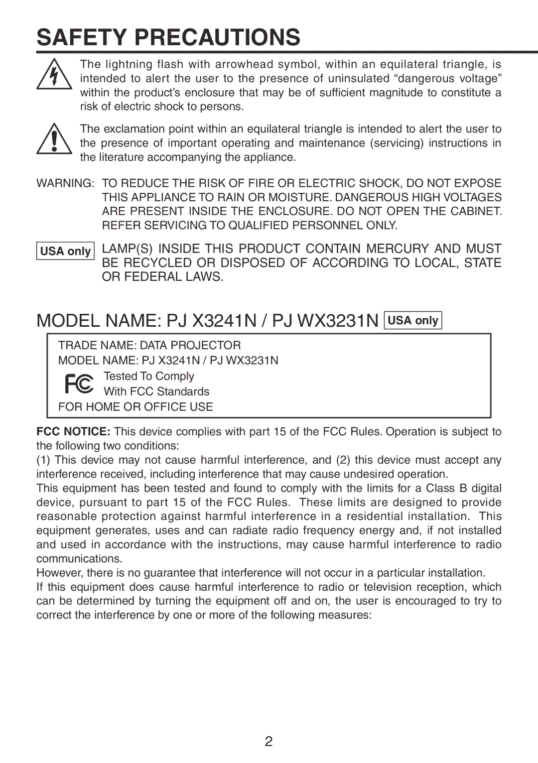 Ricoh PJ X3241N, PJ WX3231N owner manual Safety Precautions, USA only 