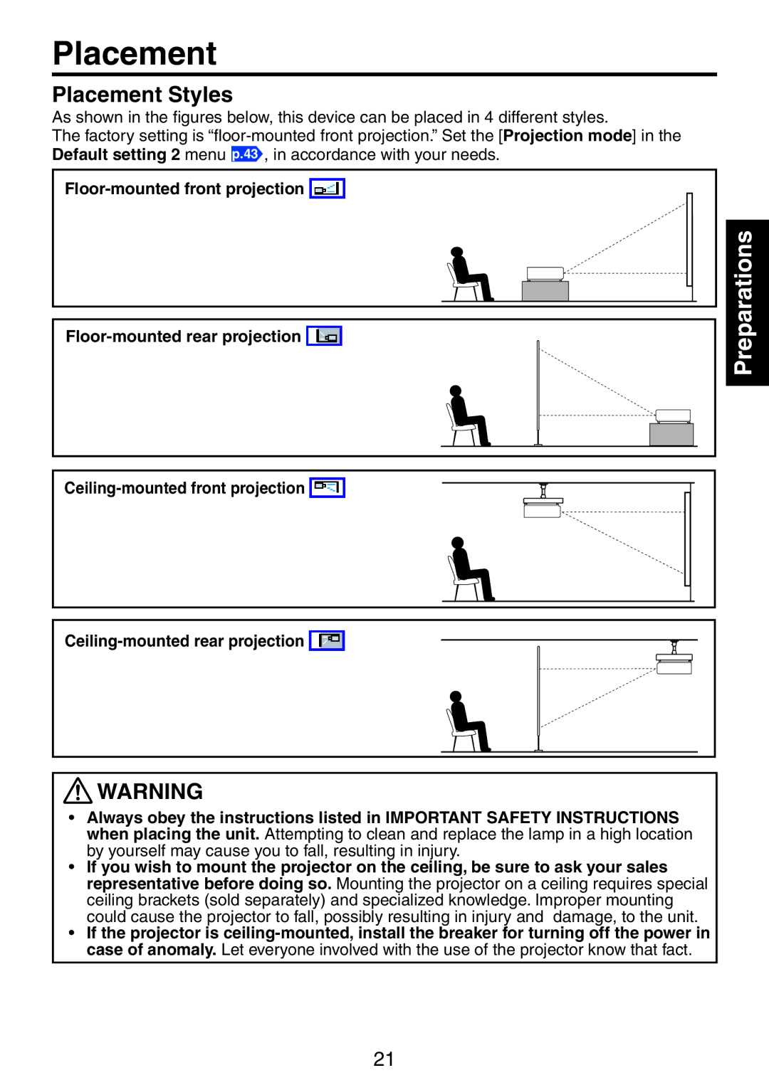 Ricoh PJ WX3231N, PJ X3241N owner manual Placement Styles 