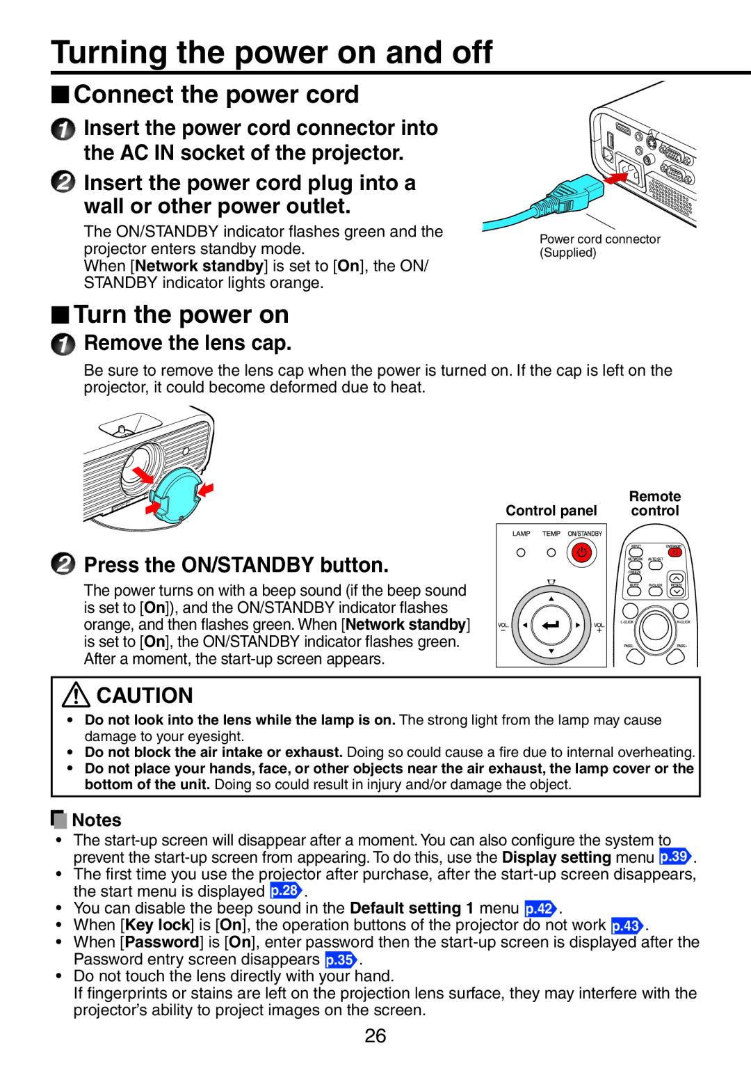 Ricoh PJ X3241N Turning the power on and off,  Connect the power cord,  Turn the power on, Remove the lens cap 