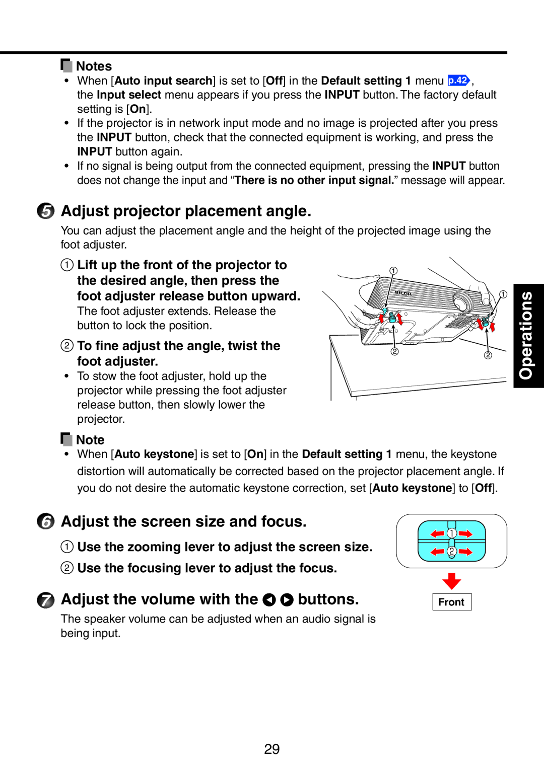 Ricoh PJ WX3231N Adjust projector placement angle, Adjust the screen size and focus, Adjust the volume with the buttons 