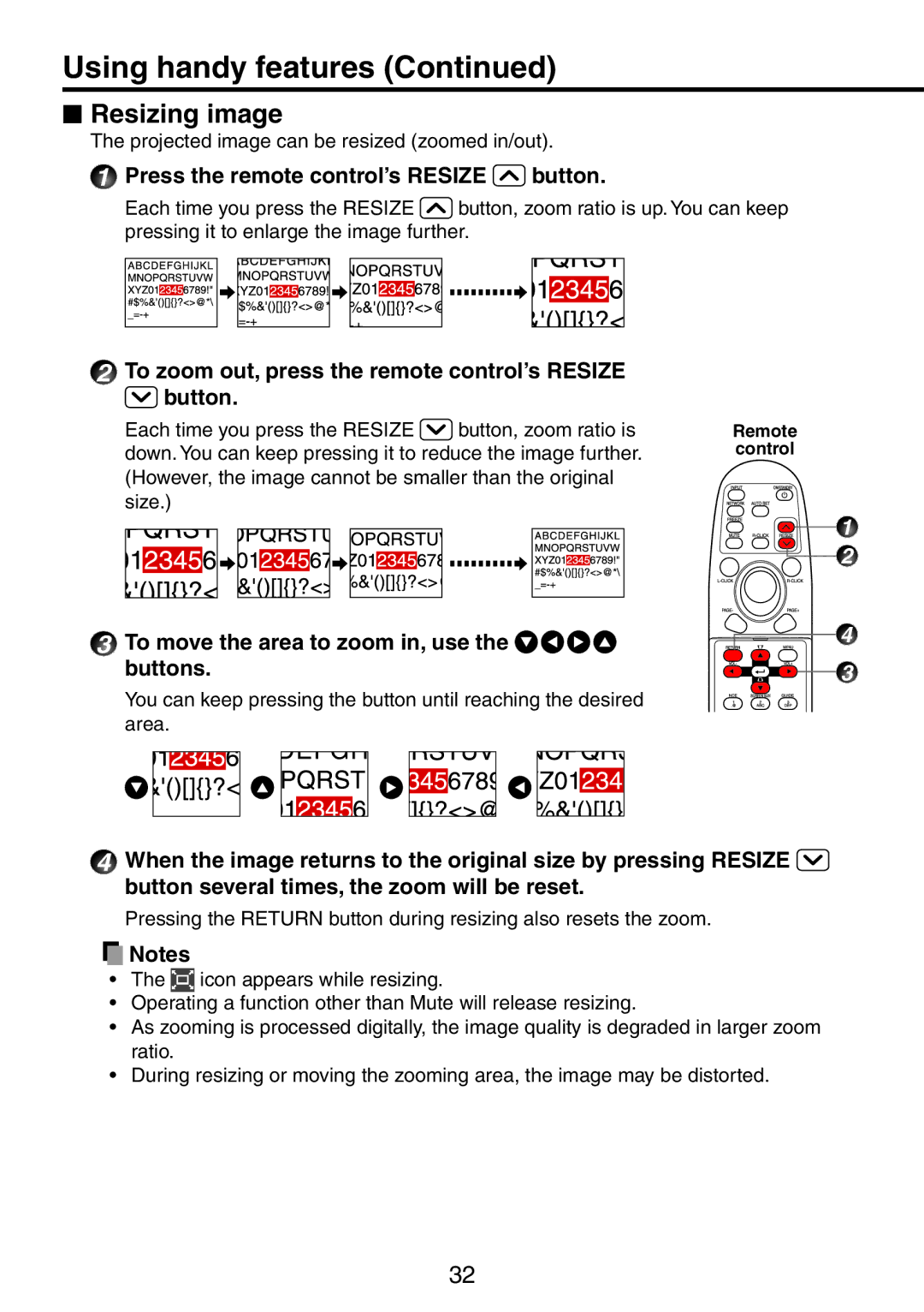 Ricoh PJ X3241N, PJ WX3231N owner manual Using handy features,  Resizing image, Press the remote control’s Resize button 