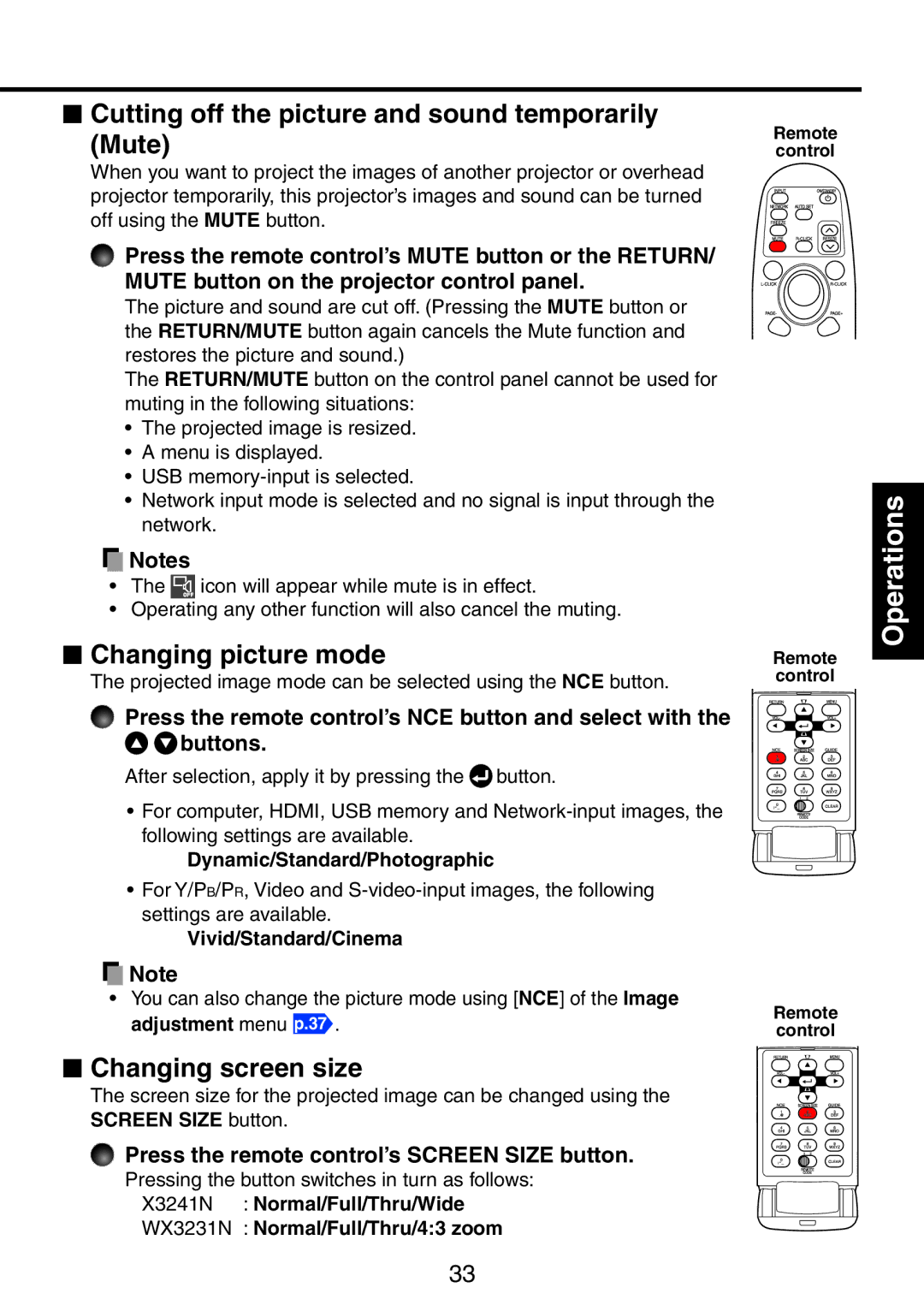 Ricoh PJ WX3231N  Cutting off the picture and sound temporarily Mute,  Changing picture mode,  Changing screen size 