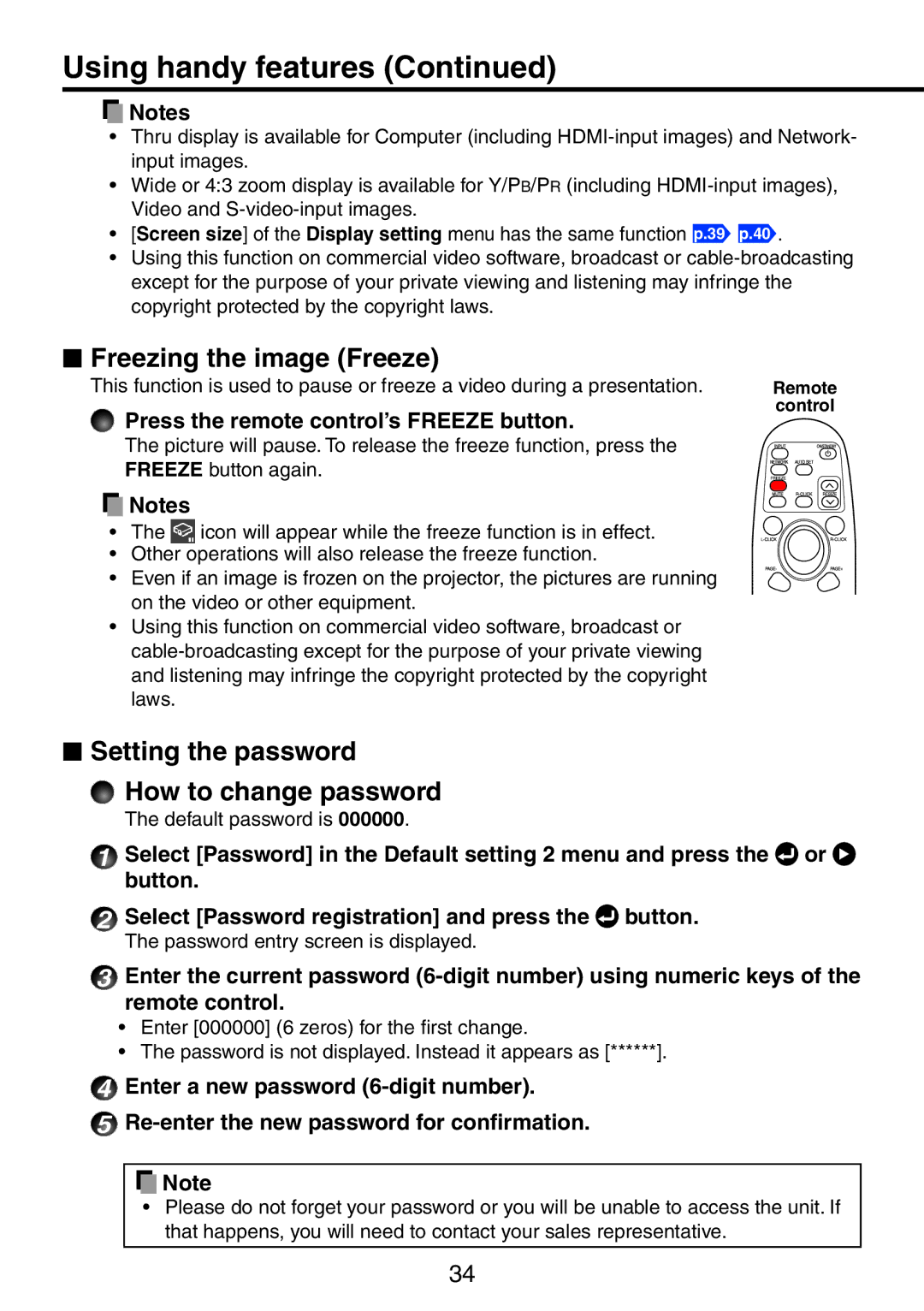 Ricoh PJ X3241N, PJ WX3231N owner manual  Freezing the image Freeze,  Setting the password How to change password 