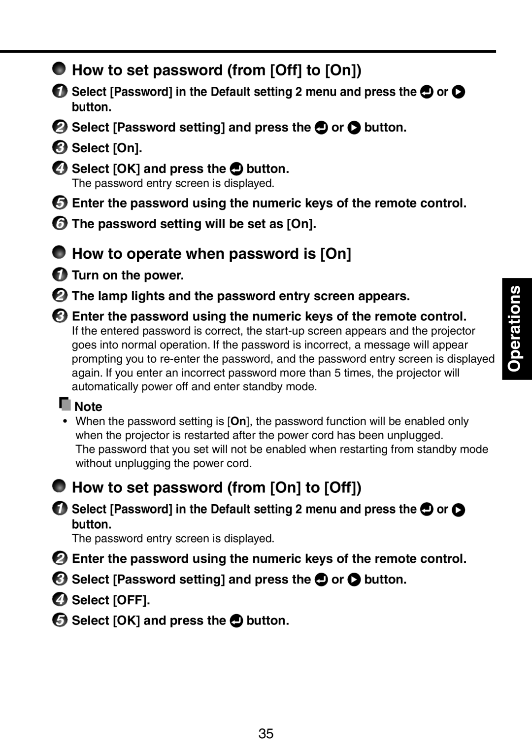 Ricoh PJ WX3231N, PJ X3241N owner manual How to set password from Off to On, How to operate when password is On 