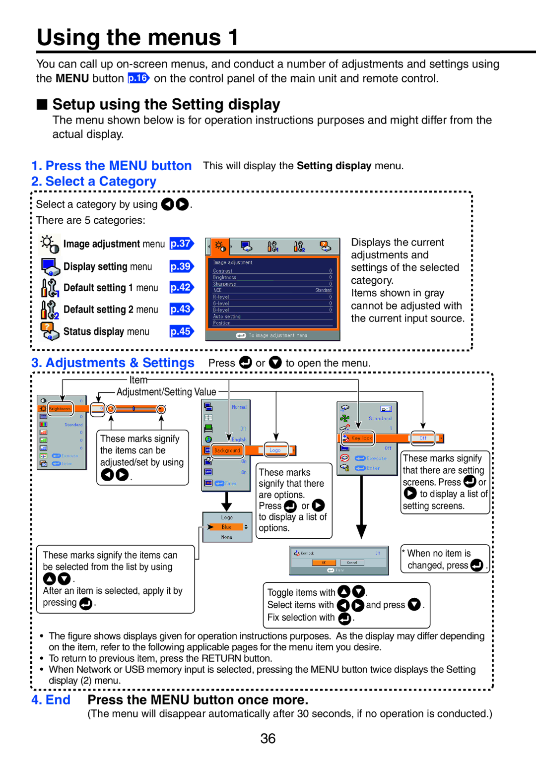 Ricoh PJ X3241N, PJ WX3231N owner manual Using the menus,  Setup using the Setting display 