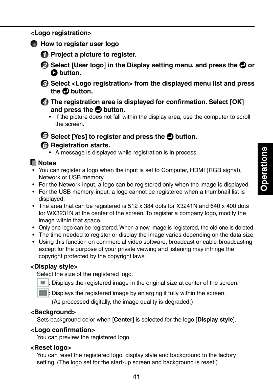 Ricoh PJ WX3231N, PJ X3241N owner manual Display style, Logo confirmation, Reset logo 