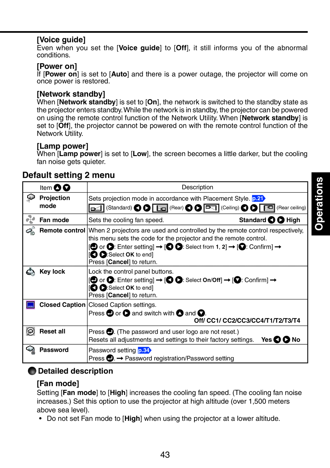 Ricoh PJ WX3231N, PJ X3241N owner manual Voice guide, Power on, Network standby, Lamp power, Detailed description Fan mode 