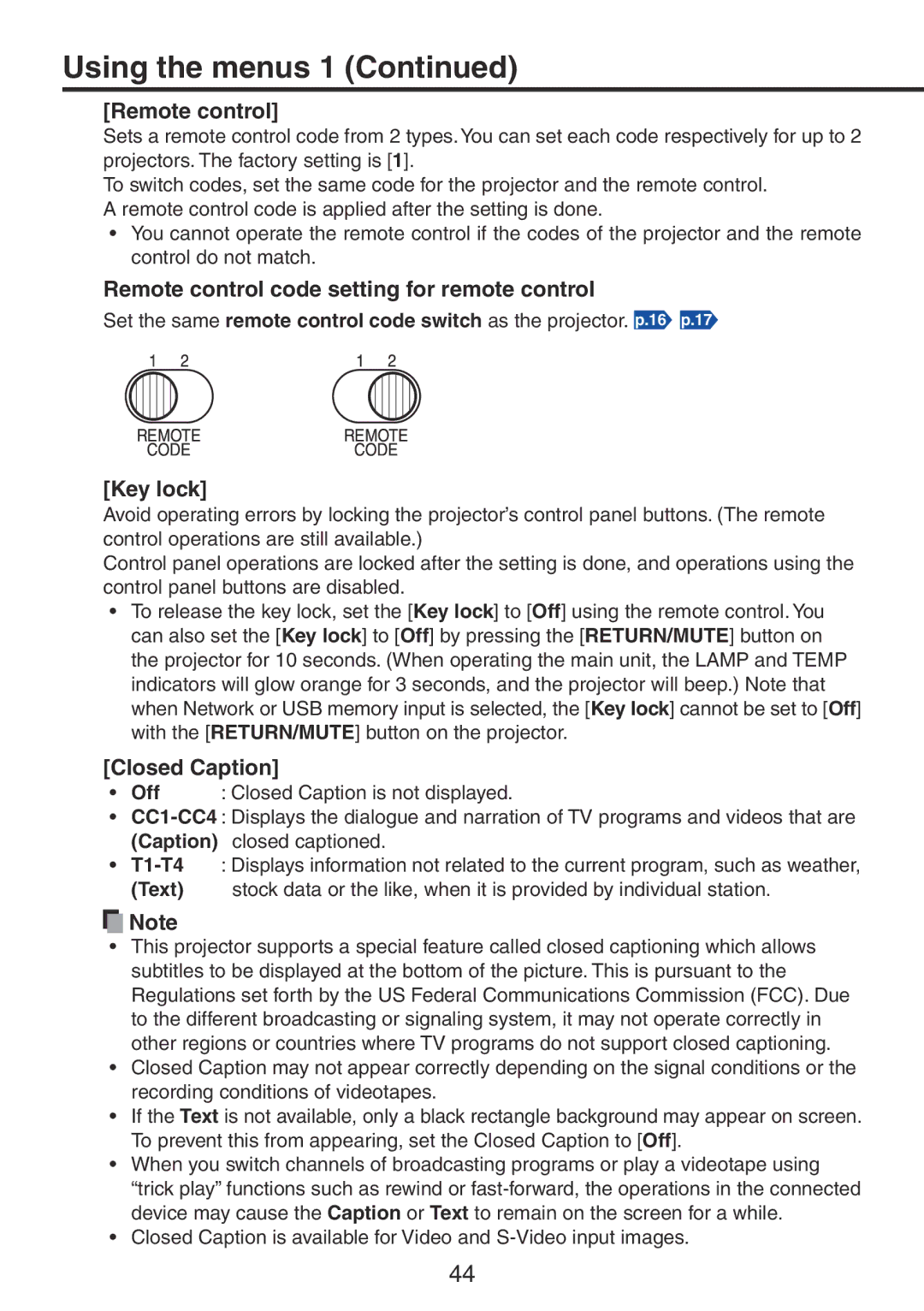 Ricoh PJ X3241N, PJ WX3231N owner manual Remote control code setting for remote control, Key lock, Closed Caption 