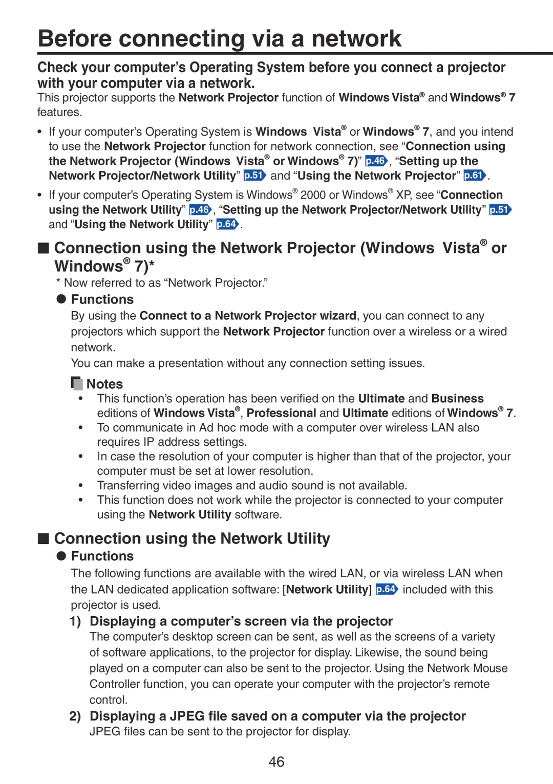 Ricoh PJ X3241N Before connecting via a network,  Connection using the Network Projector Windows Vista or, Functions 