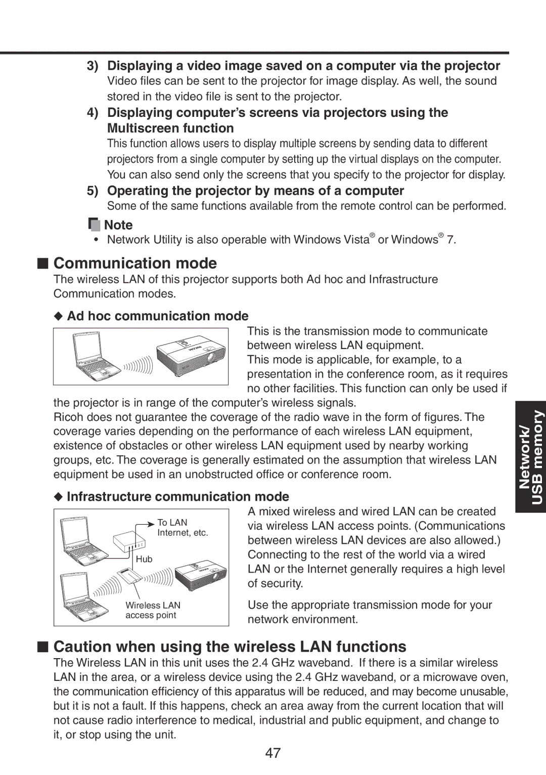 Ricoh PJ WX3231N  Communication mode,  Caution when using the wireless LAN functions,  Ad hoc communication mode 