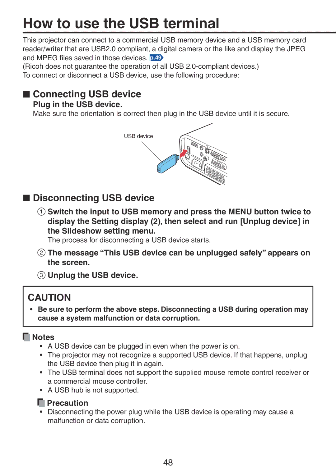 Ricoh PJ X3241N How to use the USB terminal,  Connecting USB device,  Disconnecting USB device, Plug in the USB device 