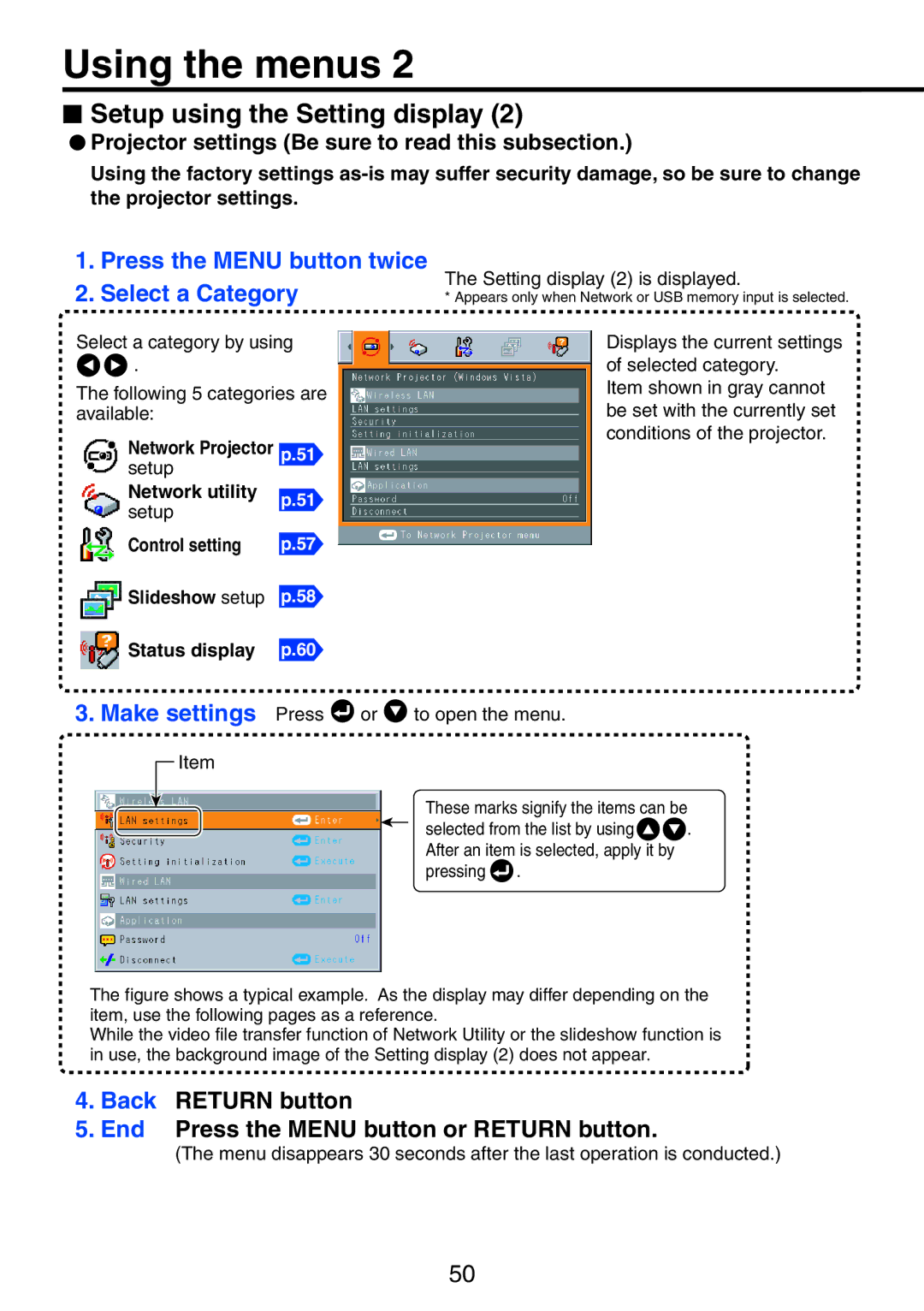 Ricoh PJ X3241N  Projector settings Be sure to read this subsection, Control setting Slideshow setup Status display 