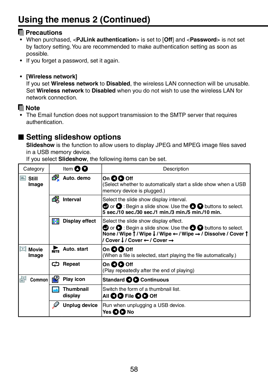 Ricoh PJ X3241N, PJ WX3231N owner manual  Setting slideshow options, Wireless network 