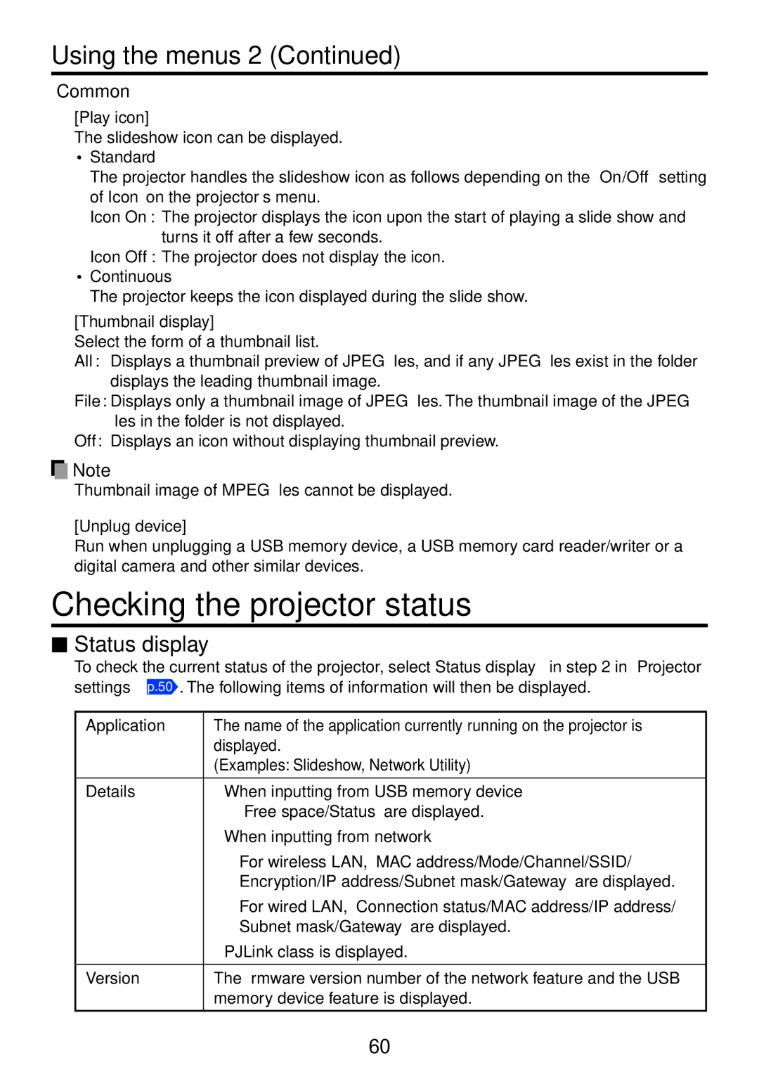 Ricoh PJ X3241N, PJ WX3231N owner manual Checking the projector status,  Status display, Common 