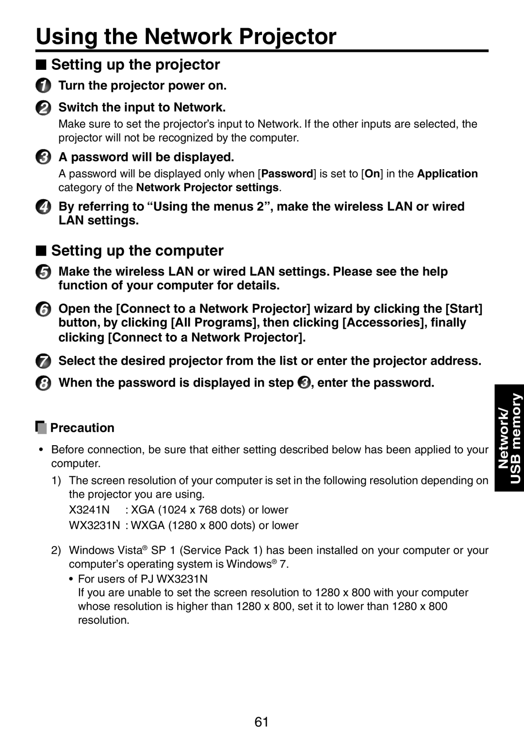 Ricoh PJ WX3231N, PJ X3241N owner manual Using the Network Projector,  Setting up the projector,  Setting up the computer 