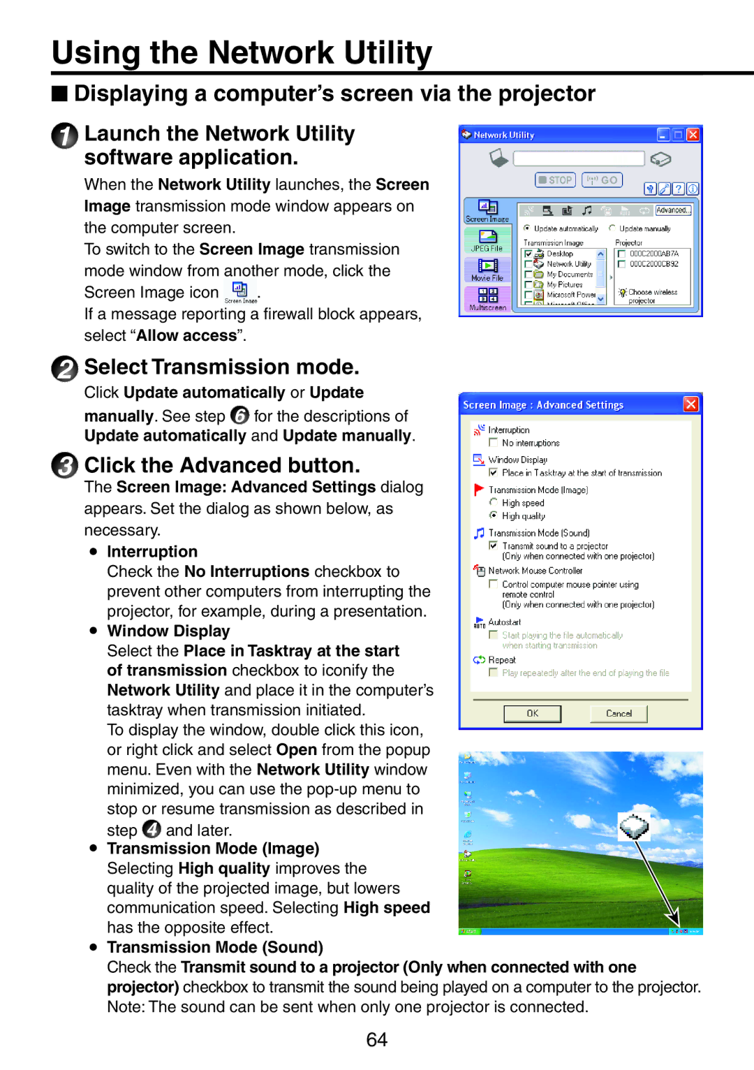 Ricoh PJ X3241N Using the Network Utility, Launch the Network Utility software application, Select Transmission mode 