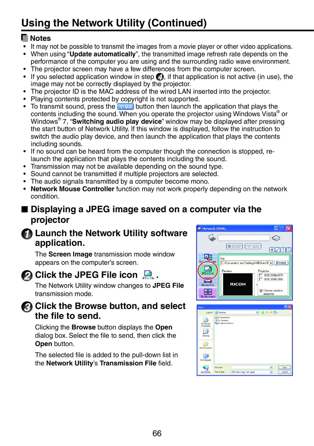 Ricoh PJ X3241N Using the Network Utility, Click the Jpeg File icon, Click the Browse button, and select the file to send 