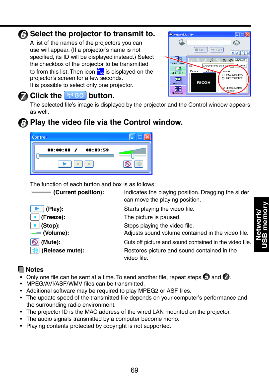 Ricoh PJ WX3231N, PJ X3241N Select the projector to transmit to, Play the video file via the Control window, Mute 