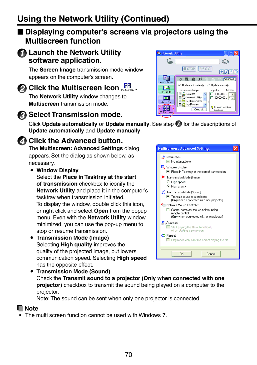 Ricoh PJ X3241N, PJ WX3231N owner manual Launch the Network Utility software application, Click the Multiscreen icon 