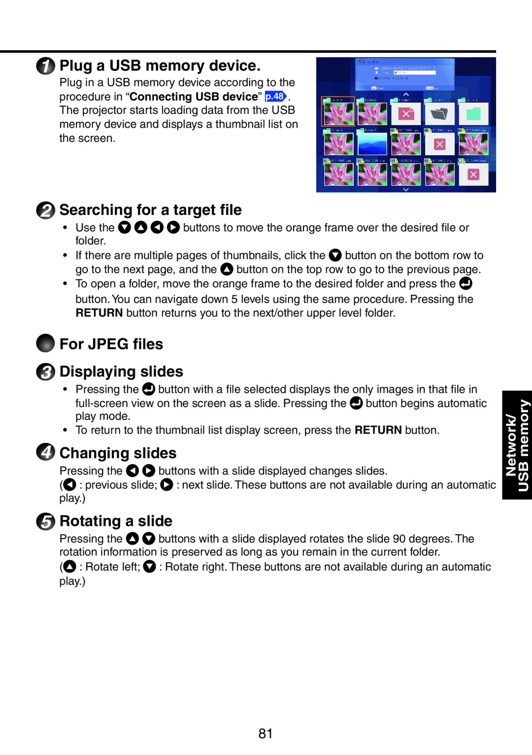 Ricoh PJ WX3231N Plug a USB memory device, Searching for a target file, For Jpeg files Displaying slides, Changing slides 