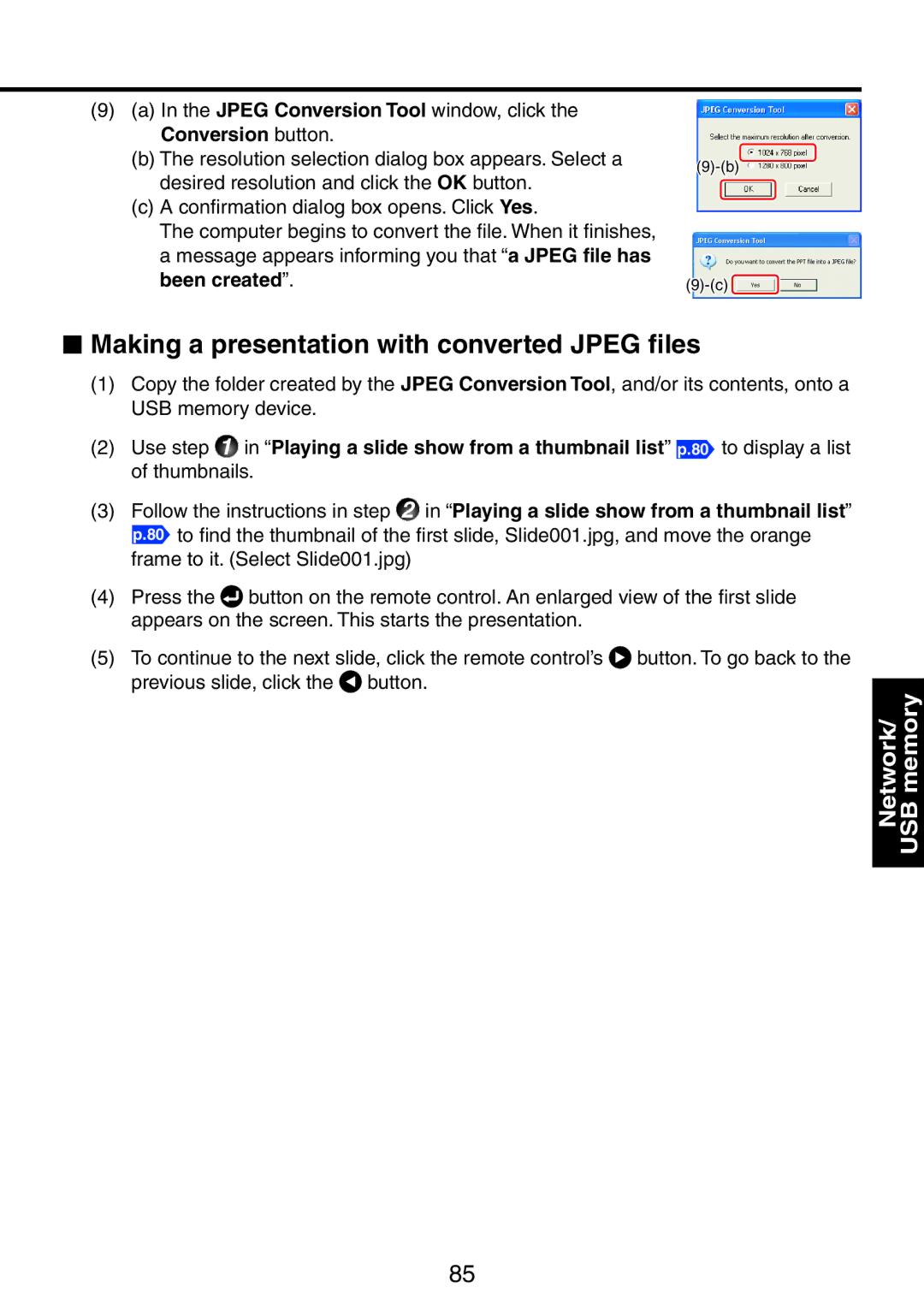 Ricoh PJ WX3231N, PJ X3241N  Making a presentation with converted Jpeg files, Playing a slide show from a thumbnail list 