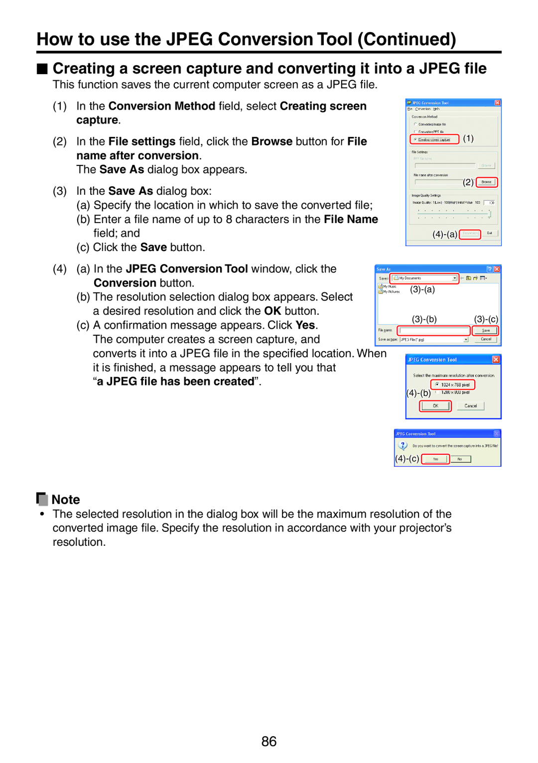 Ricoh PJ X3241N, PJ WX3231N owner manual Conversion Method field, select Creating screen capture, Jpeg file has been created 