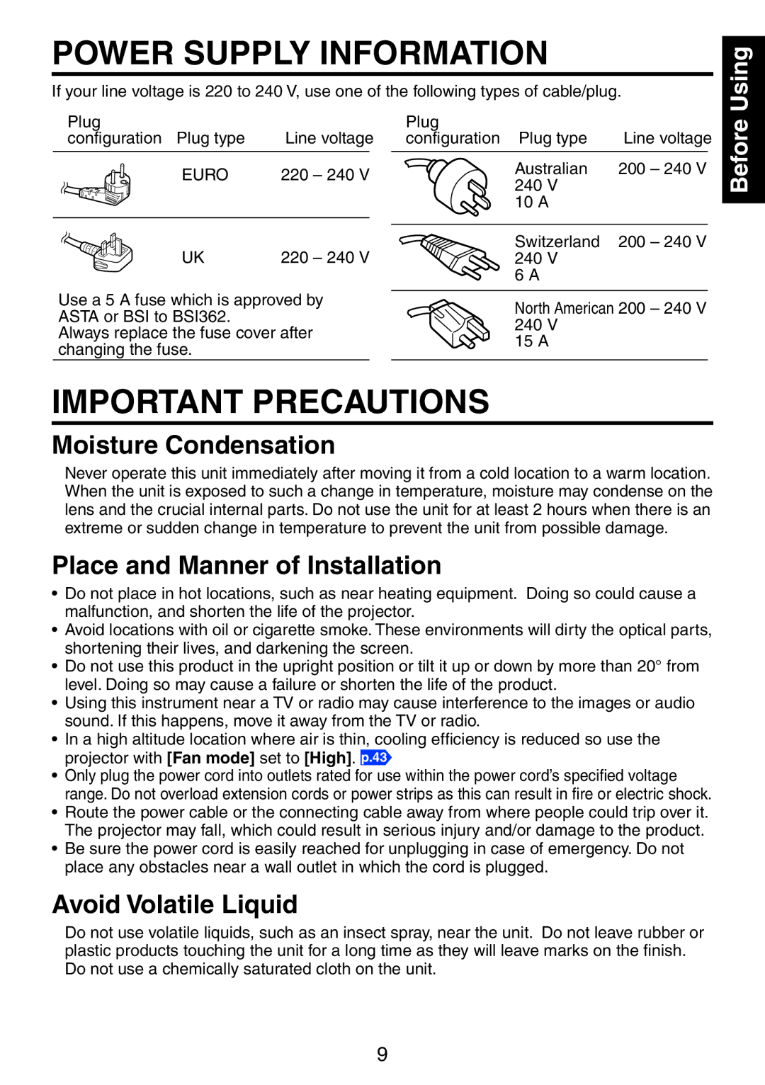 Ricoh PJ WX3231N, PJ X3241N owner manual Moisture Condensation, Place and Manner of Installation, Avoid Volatile Liquid 