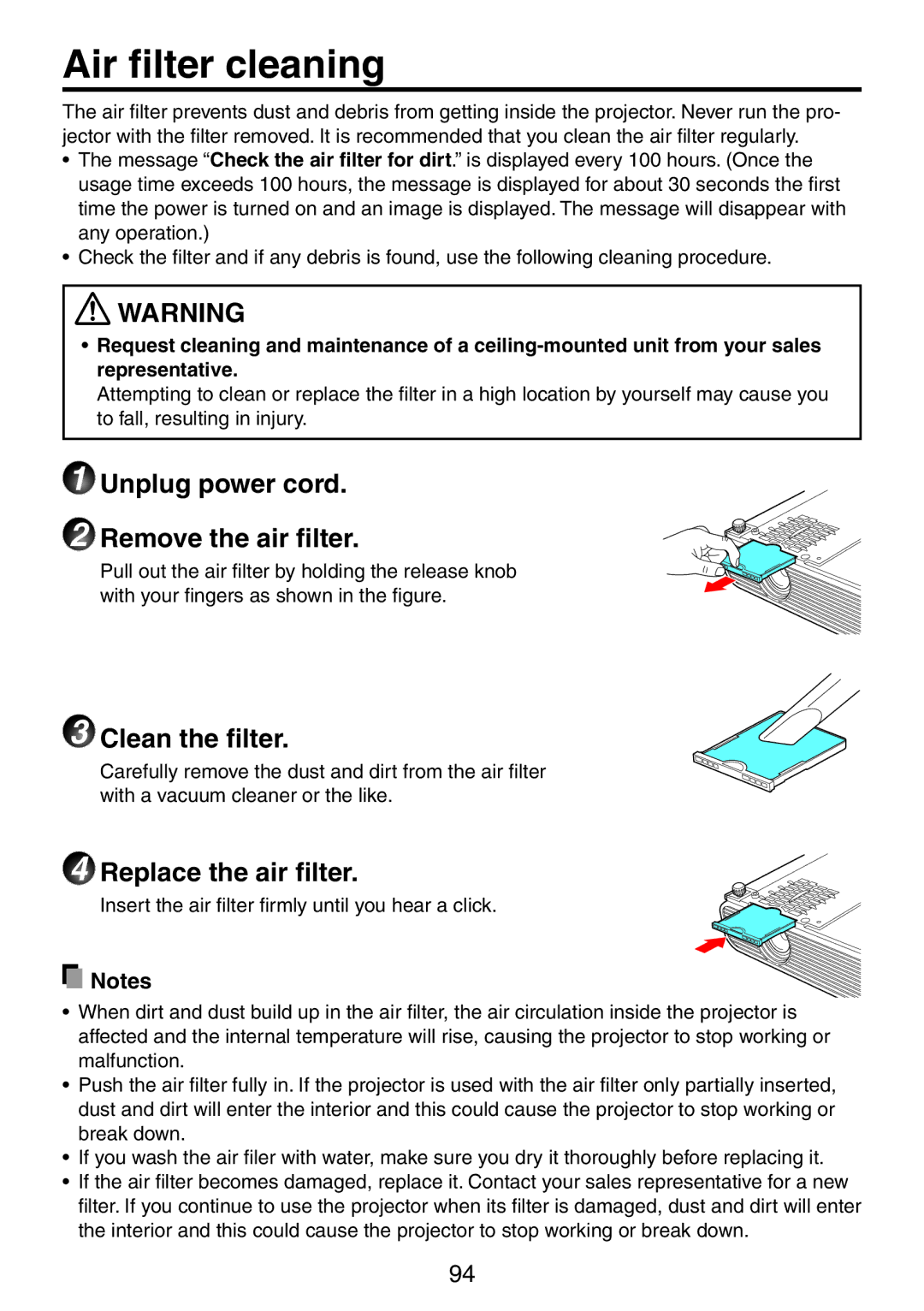 Ricoh PJ X3241N Air filter cleaning, Unplug power cord Remove the air filter, Clean the filter, Replace the air filter 