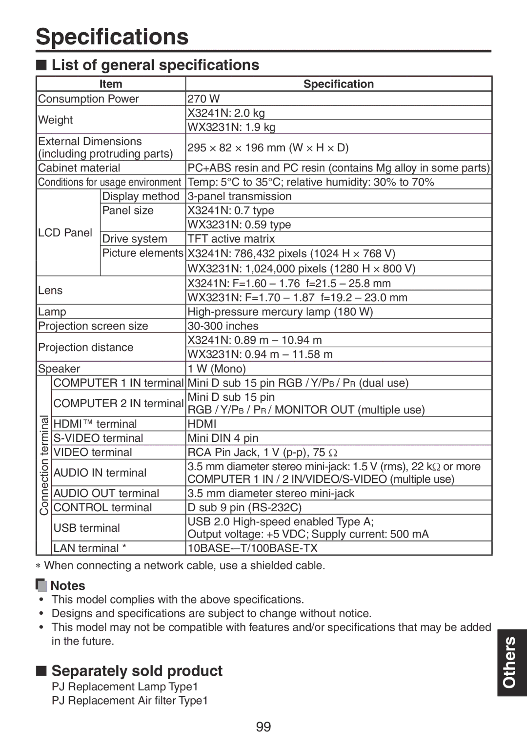 Ricoh PJ WX3231N, PJ X3241N owner manual Specifications,  List of general specifications,  Separately sold product 