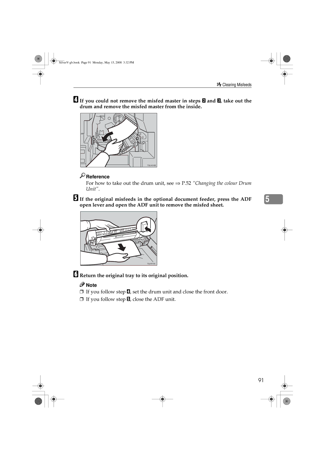 Ricoh JP1210/1250, Priport manual Reference, Return the original tray to its original position 