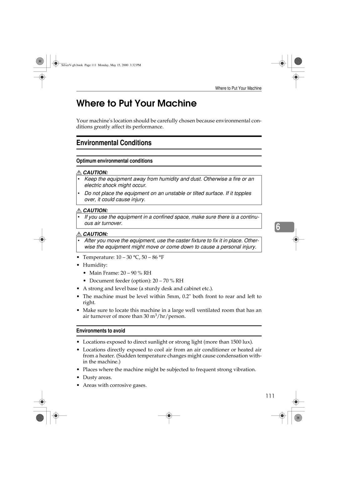 Ricoh JP1210/1250, Priport manual Where to Put Your Machine, Environmental Conditions, Optimum environmental conditions, 111 