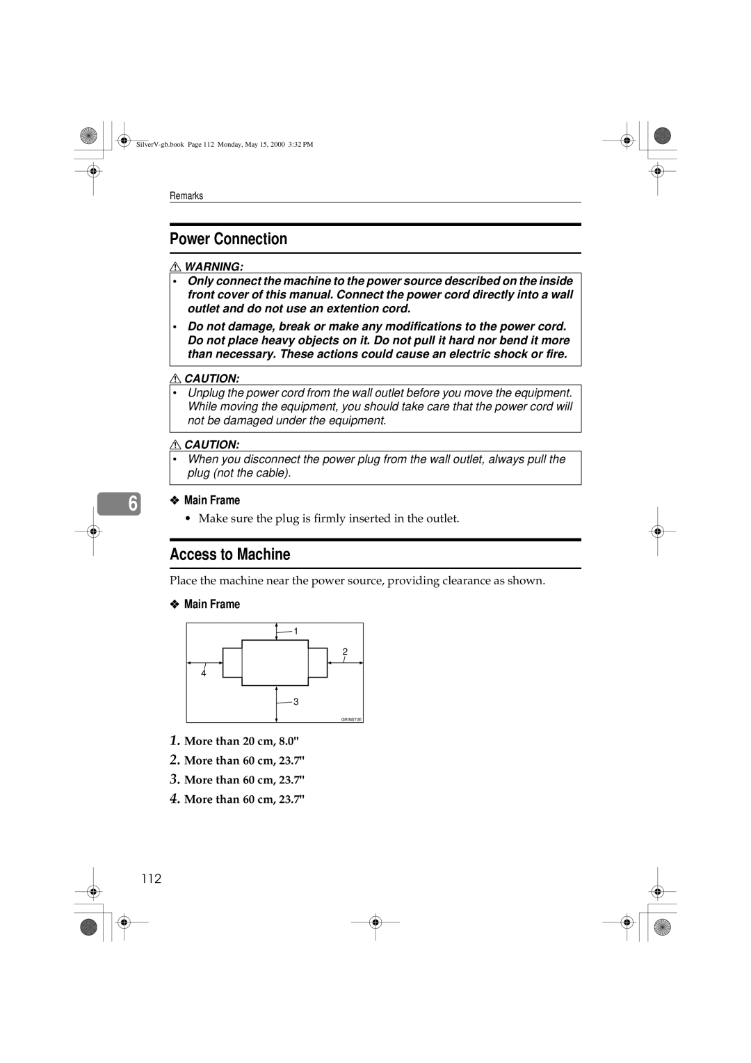 Ricoh Priport, JP1210/1250 manual Power Connection, Access to Machine, Main Frame, 112, More than 20 cm More than 60 cm 