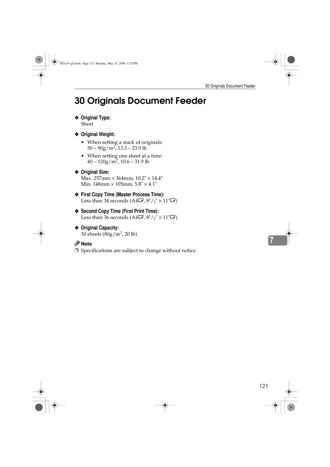 Ricoh JP1210/1250, Priport manual Originals Document Feeder, Original Weight, Original Capacity 