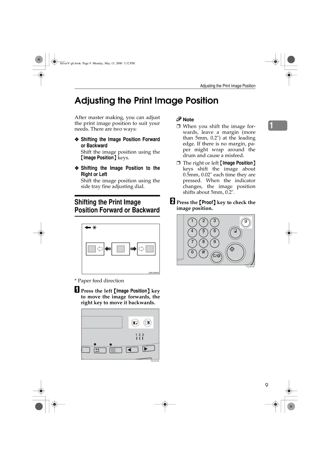 Ricoh JP1210/1250 Adjusting the Print Image Position, Shifting the Image Position Forward or Backward, Image Position keys 