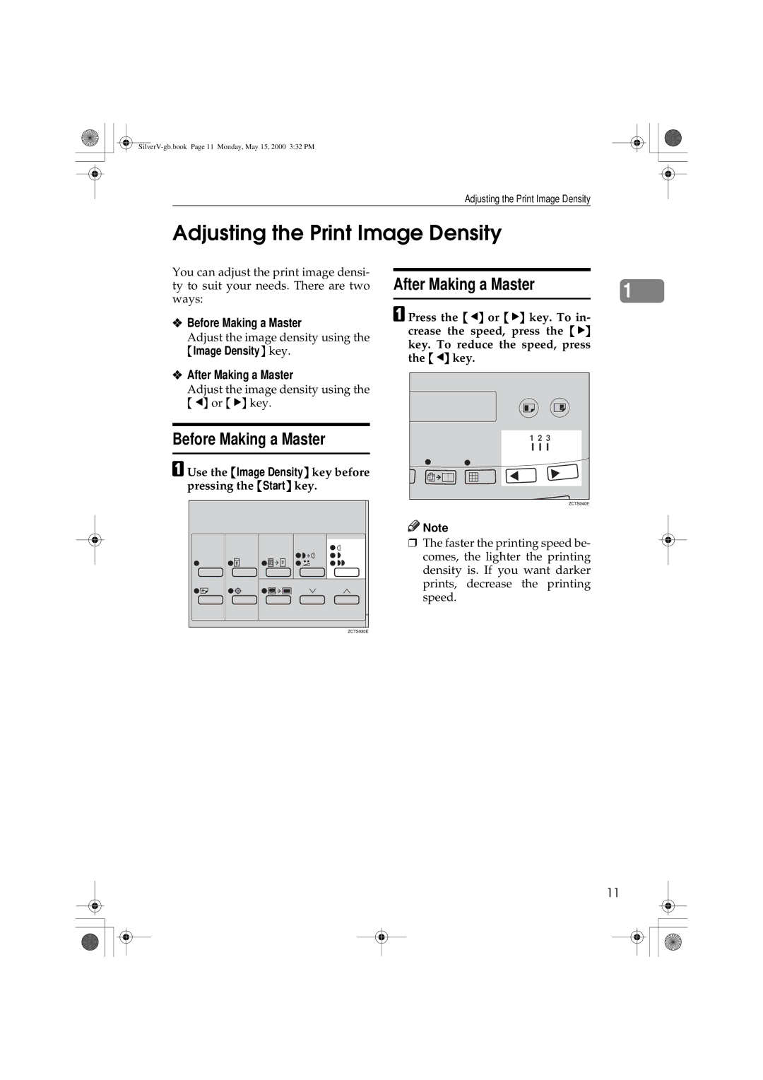 Ricoh JP1210/1250, Priport manual Adjusting the Print Image Density, Before Making a Master, After Making a Master 