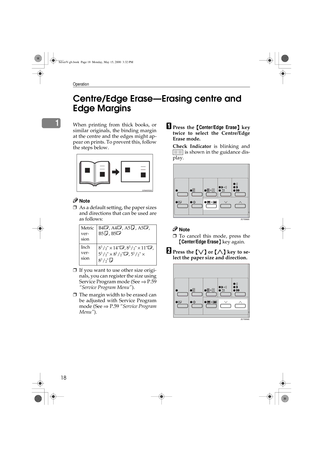 Ricoh Priport Centre/Edge Erase-Erasing centre and Edge Margins, Check Indicator is blinking, Center/Edge Erase key again 