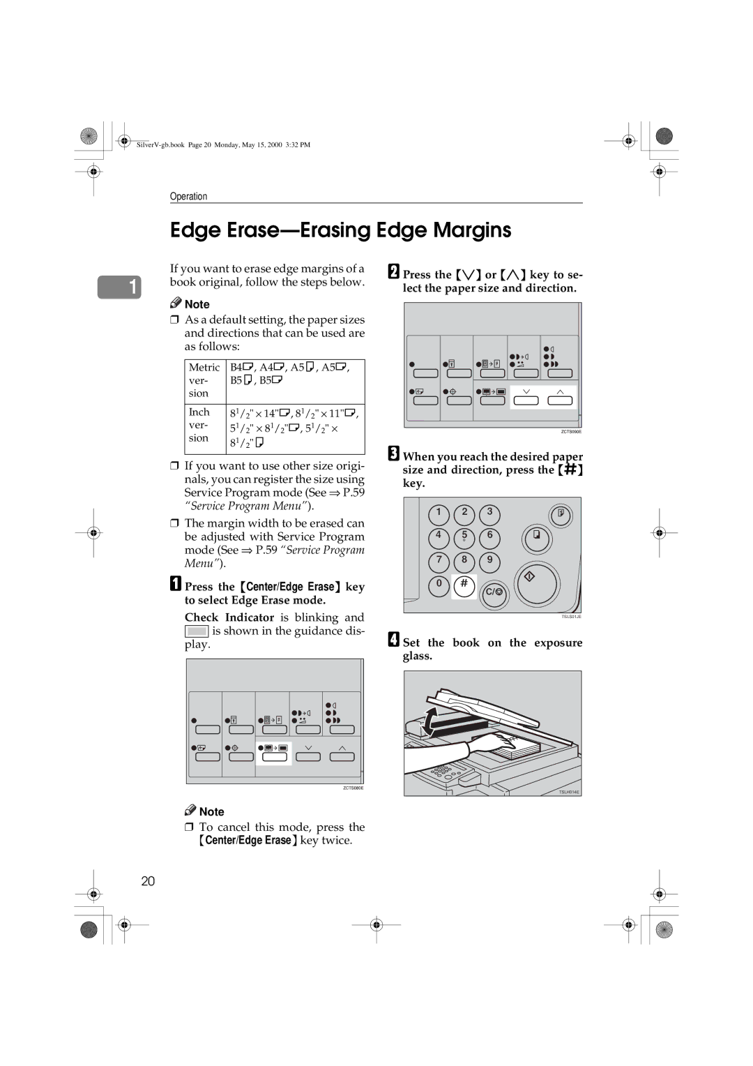 Ricoh Priport, JP1210/1250 manual Edge Erase-Erasing Edge Margins, Press the Center/Edge Erase key to select Edge Erase mode 